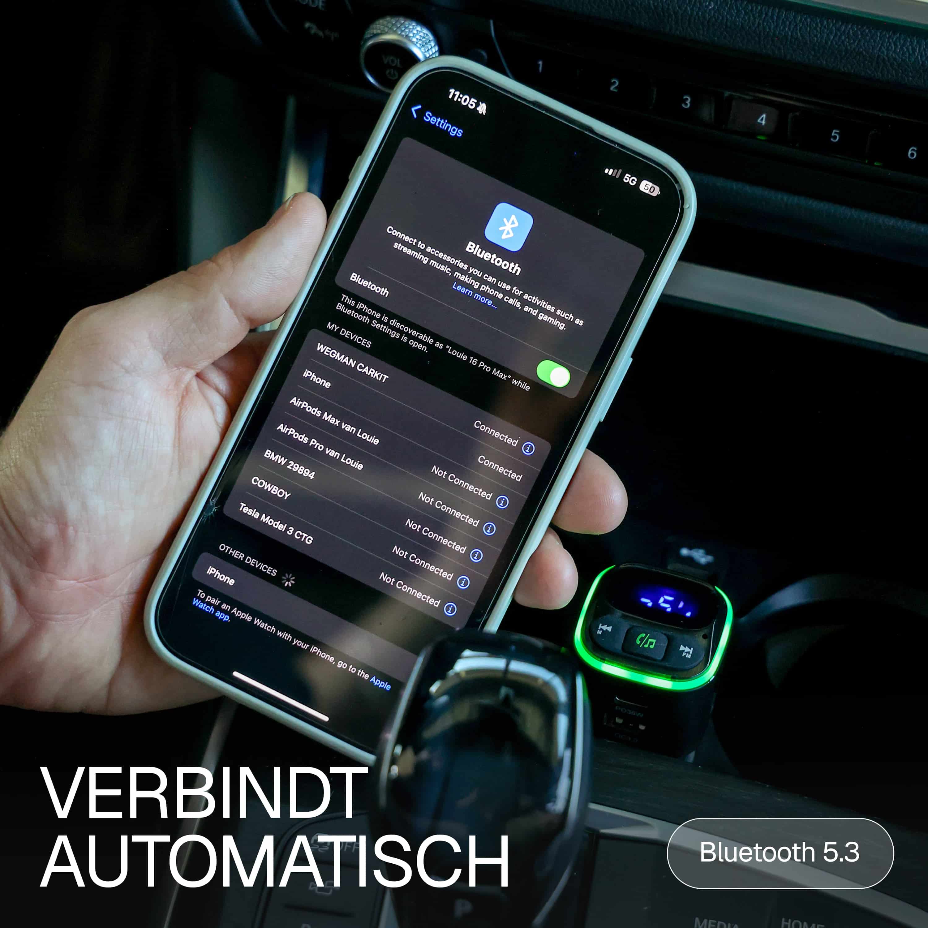 Wegman FM Transmitter in gebruik tijdens autorit