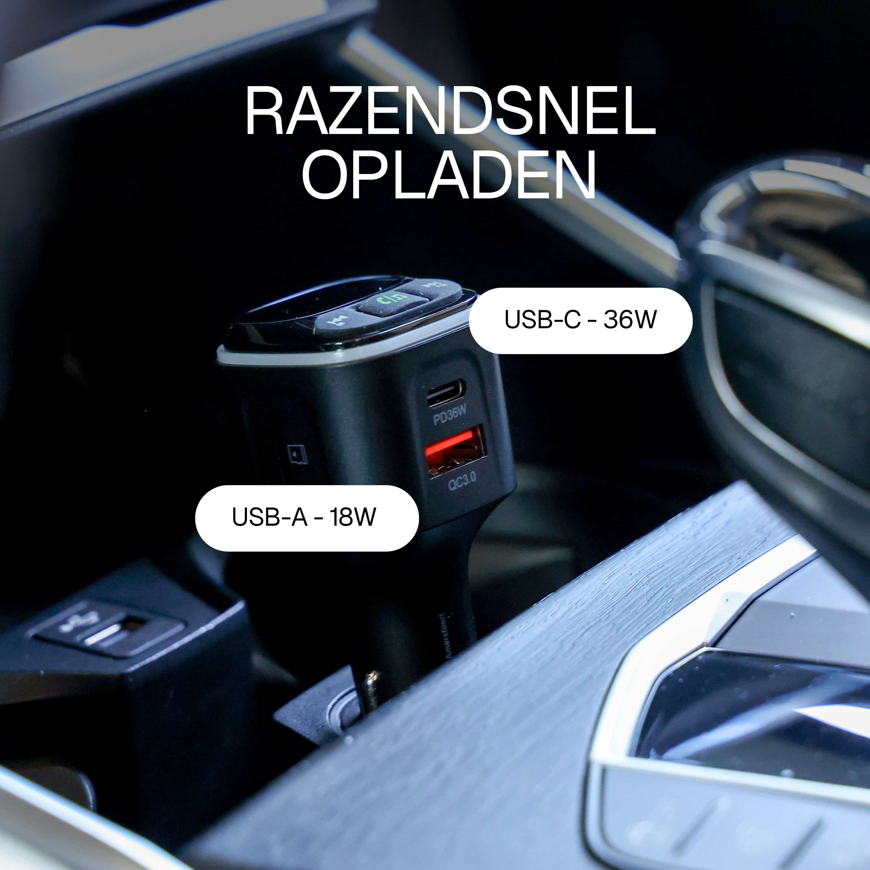 USB-C en USB-A poorten op Wegman FM Transmitter voor snel opladen