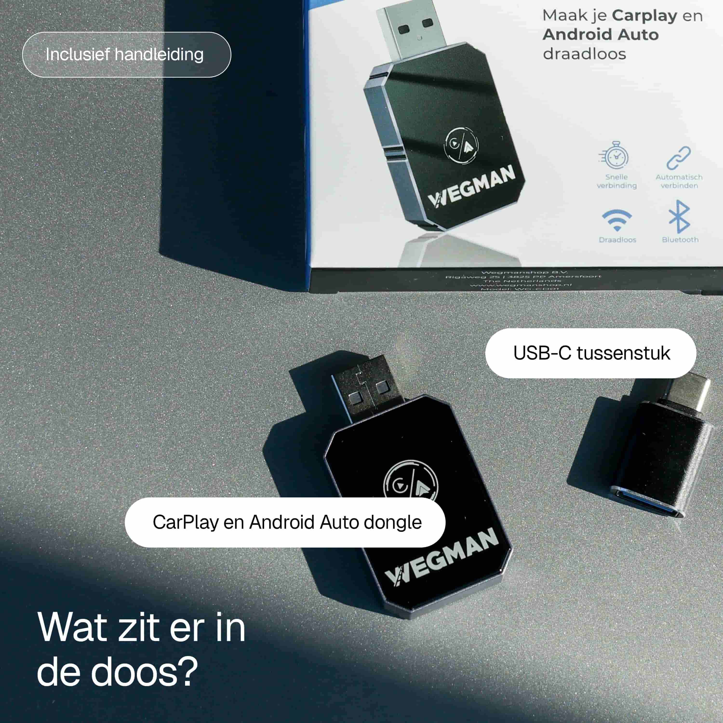 Verpakking van Wegman CarPlay en Android Auto dongle met handleiding