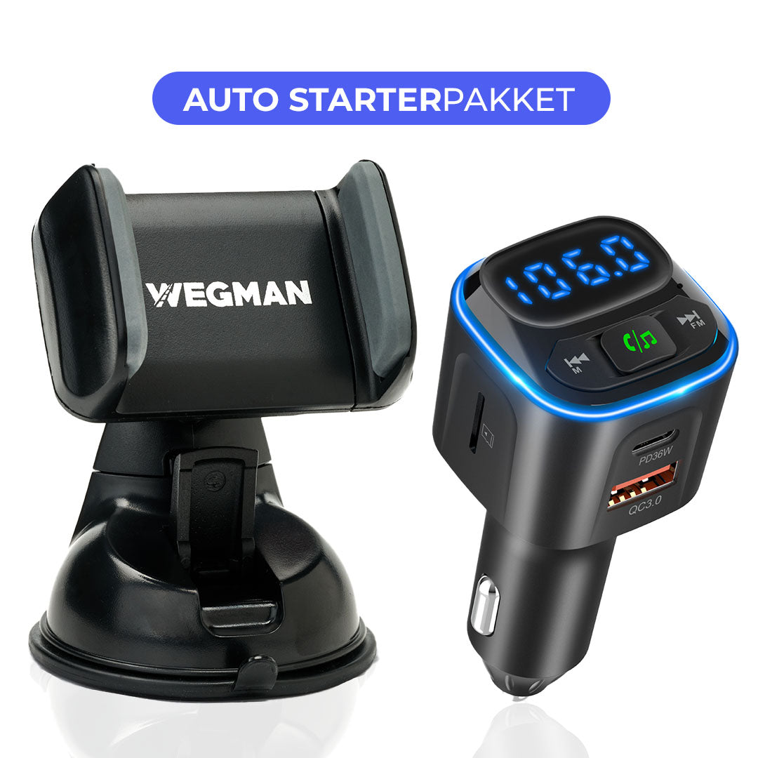 Wegman Auto Starterpakket met telefoonhouder en Bluetooth FM transmitter – compleet pakket voor onderweg