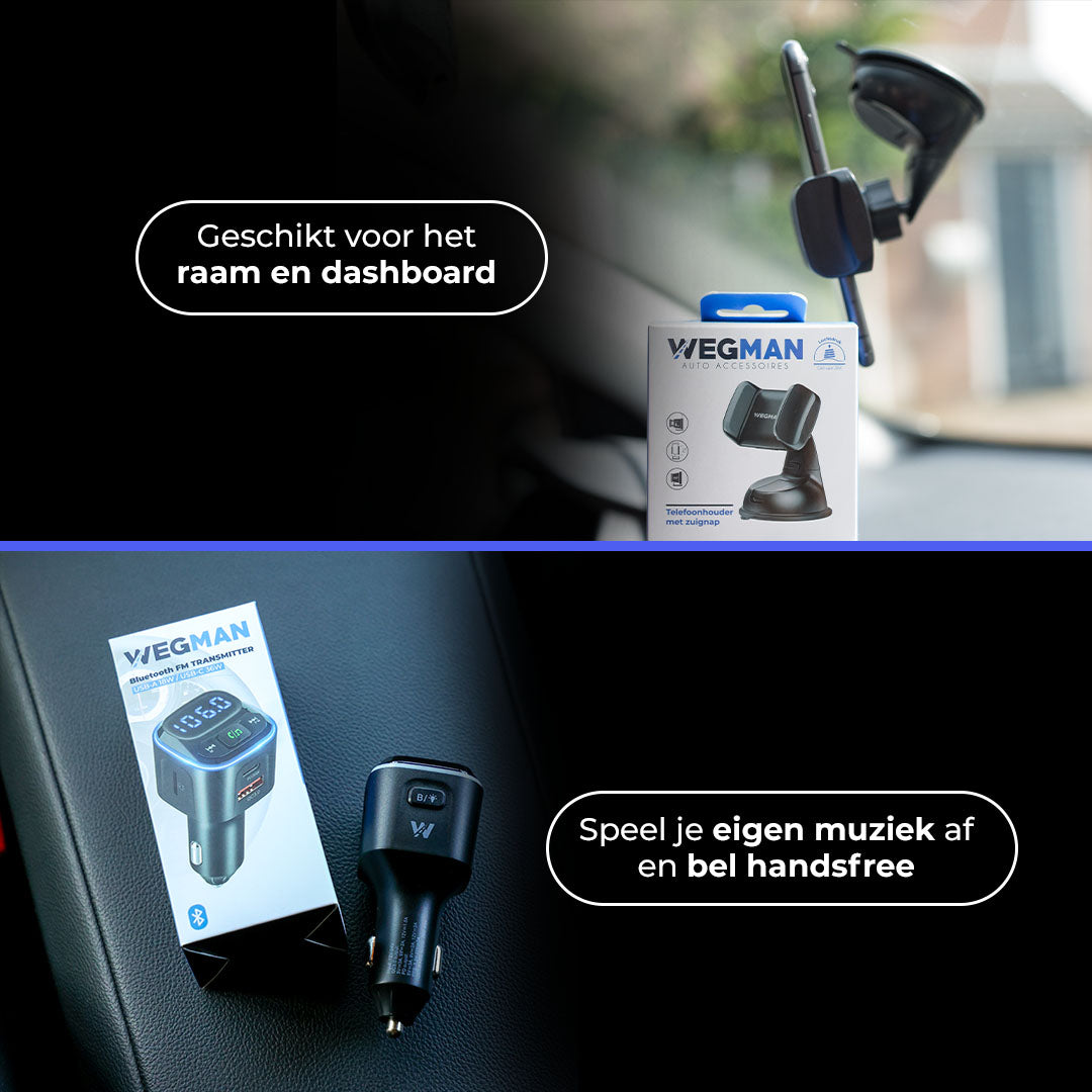 Overzicht van de bundelinhoud – telefoonhouder en FM transmitter naast elkaar op witte achtergrond