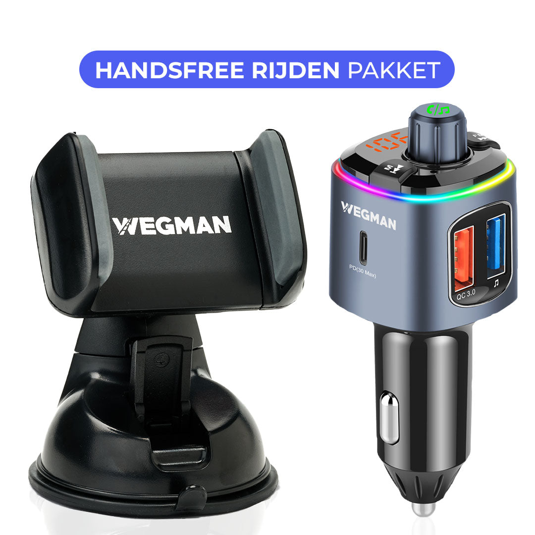 Wegman Handsfree Rijden Pakket met telefoonhouder en Bluetooth FM transmitter met snellader