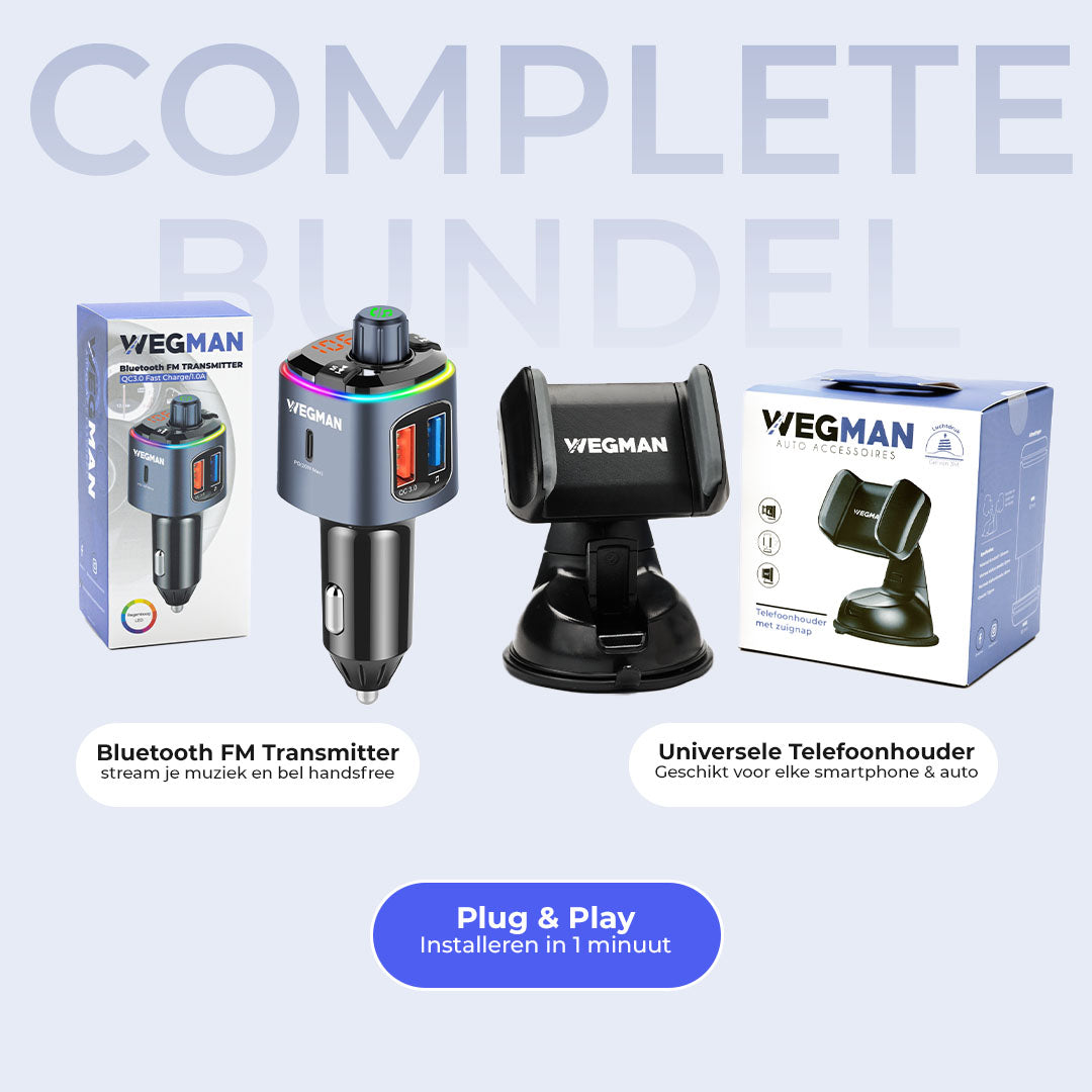 Wegman FM transmitter met laadkabel – ideaal voor onderweg opladen en muziek streamen