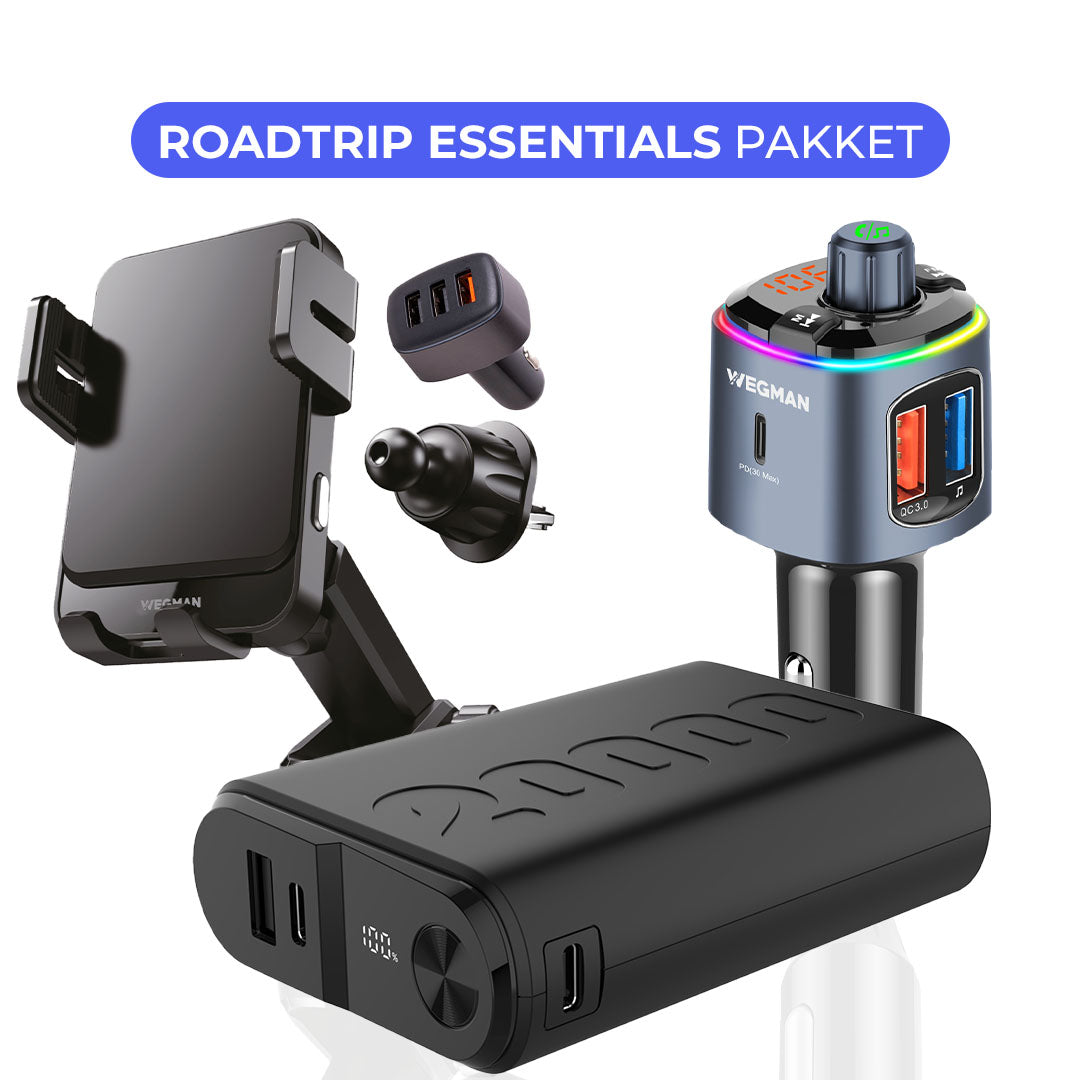 Wegman Roadtrip Essentials Pakket – telefoonhouder met draadloos laden, powerbank en FM transmitter