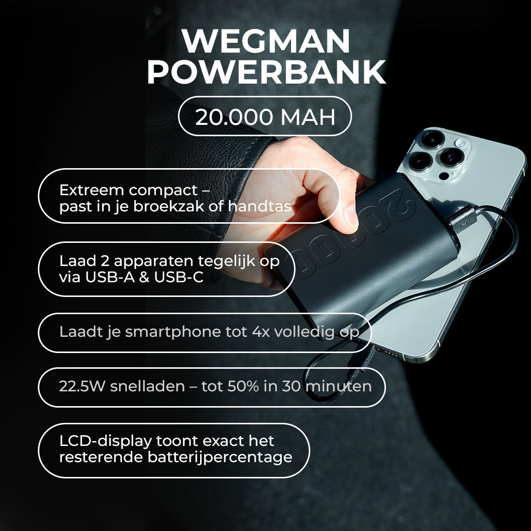 Powerbank 20.000mAh op tafel – lichtgewicht en compact formaat