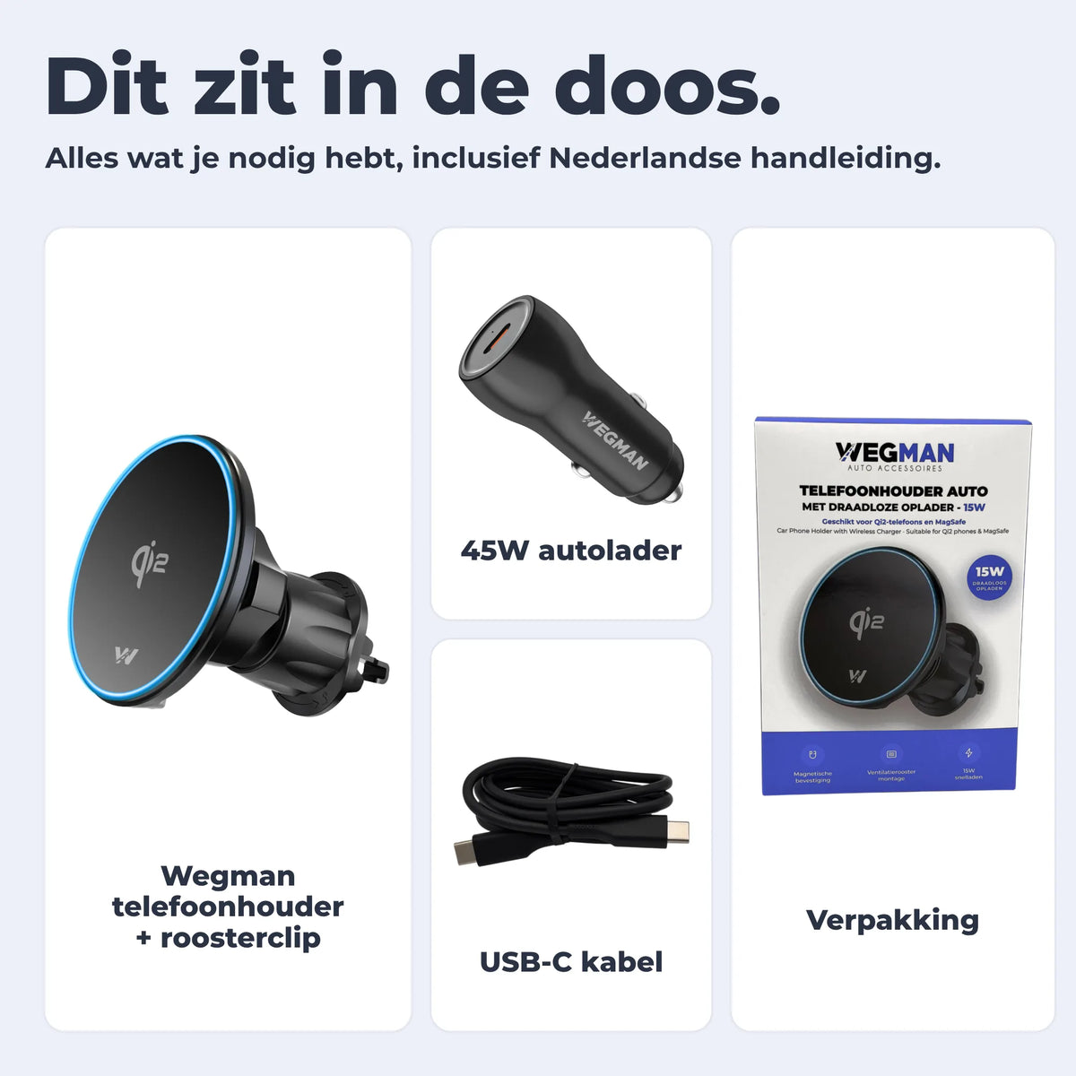 Inhoud verpakking Wegman MagSafe autohouder: telefoonhouder met roosterclip, 45W autolader, USB-C kabel