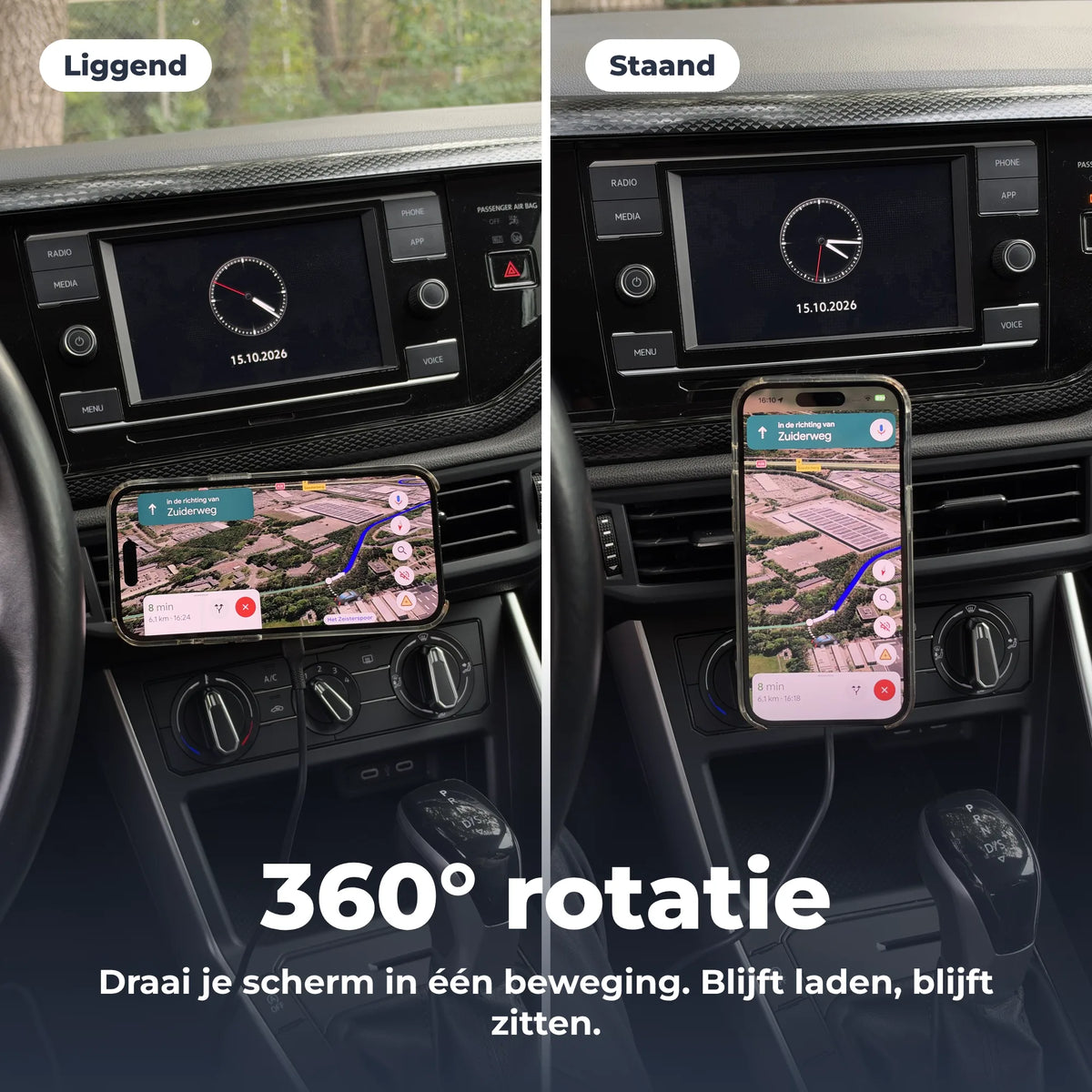 Wegman MagSafe telefoonhouder auto 360 graden draaibaar, telefoon staand en liggend met navigatie