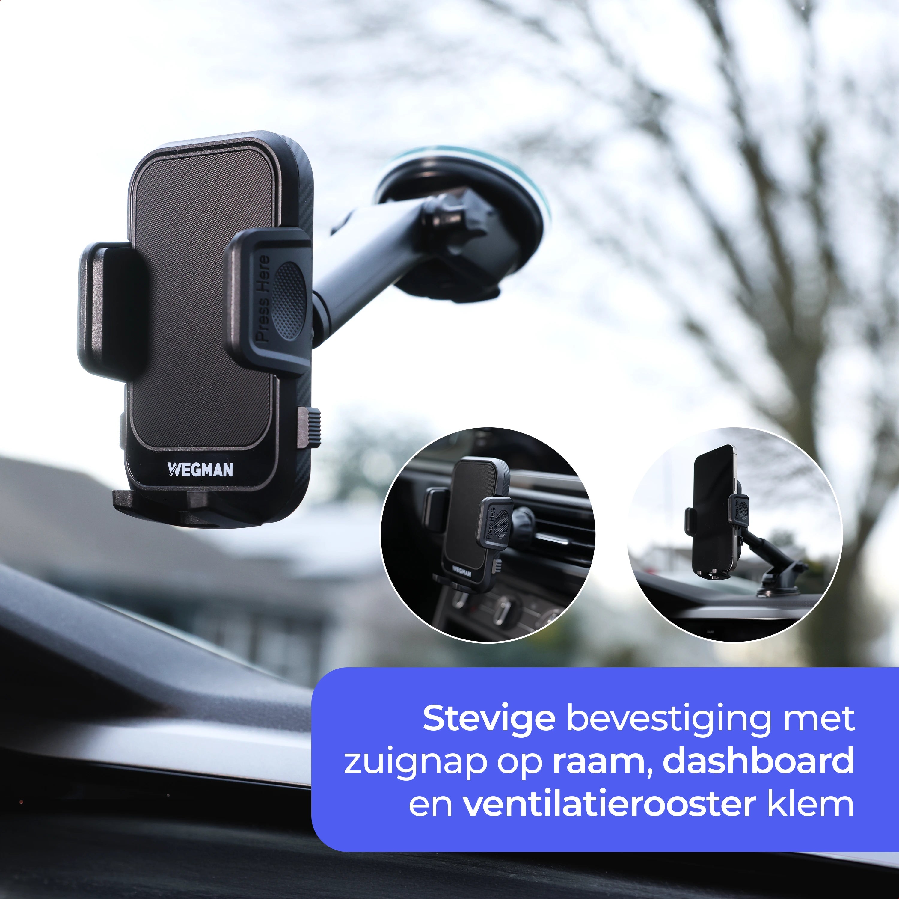 Stevige zuignap en ventilatie bevestiging Wegman telefoonhouder op autoruit, dashboard en ventilatierooster
