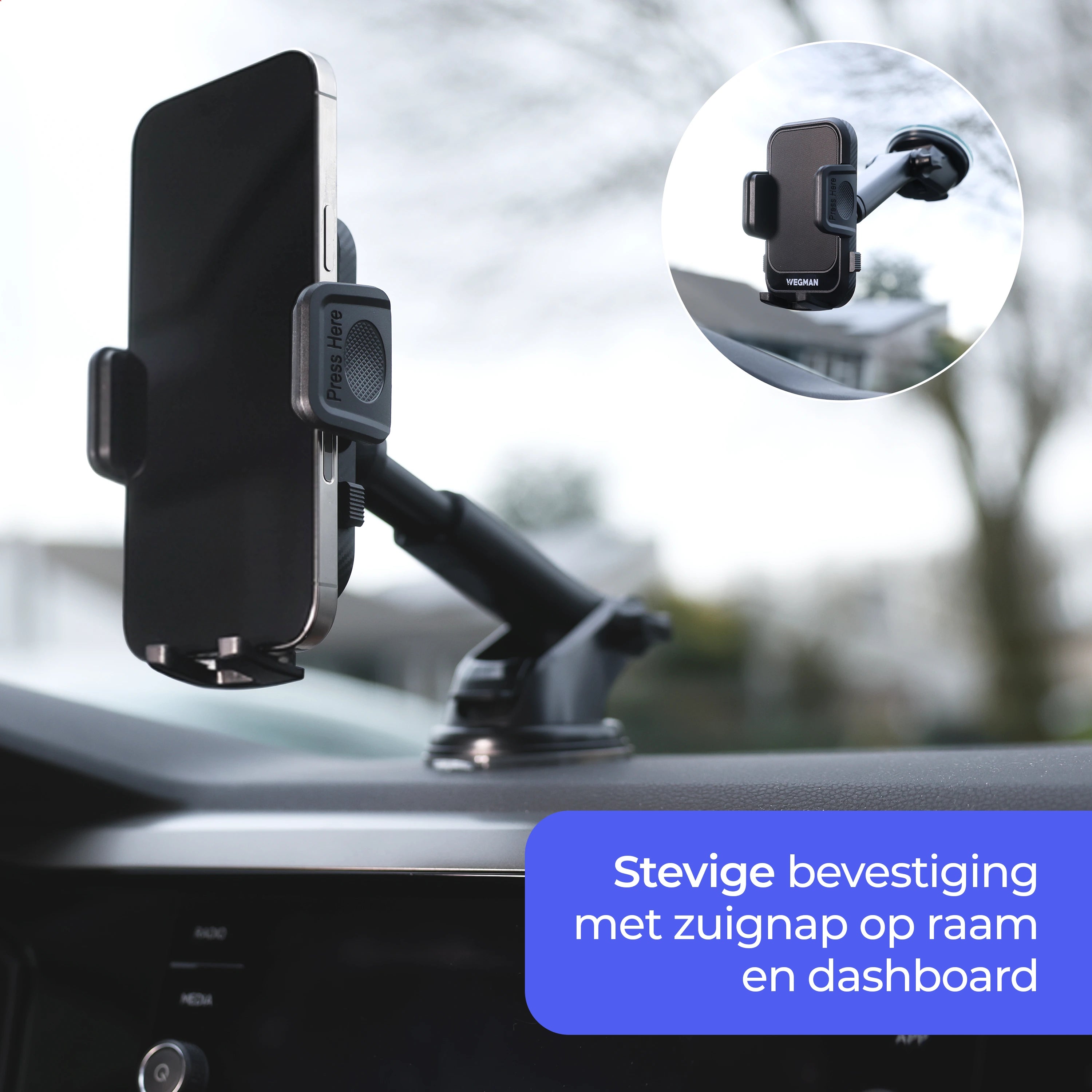 Wegman telefoonhouder bevestigd met zuignap op autoruit en dashboard