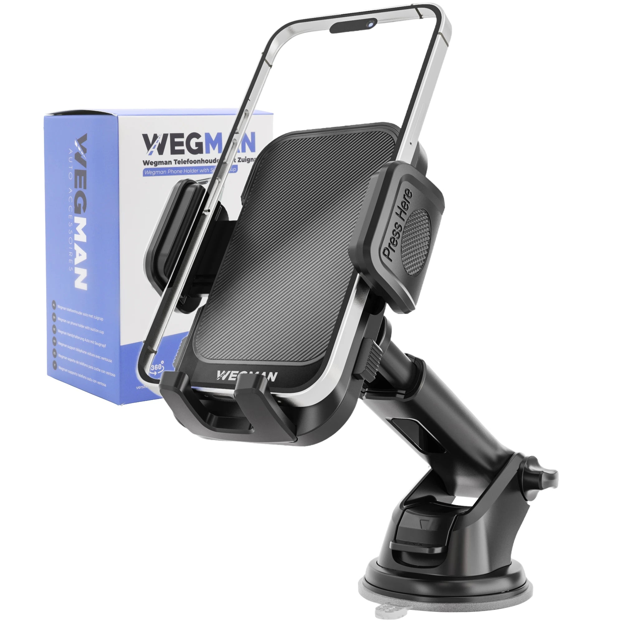Wegman gsm houder auto zuignap met smartphone – productfoto witte achtergrond