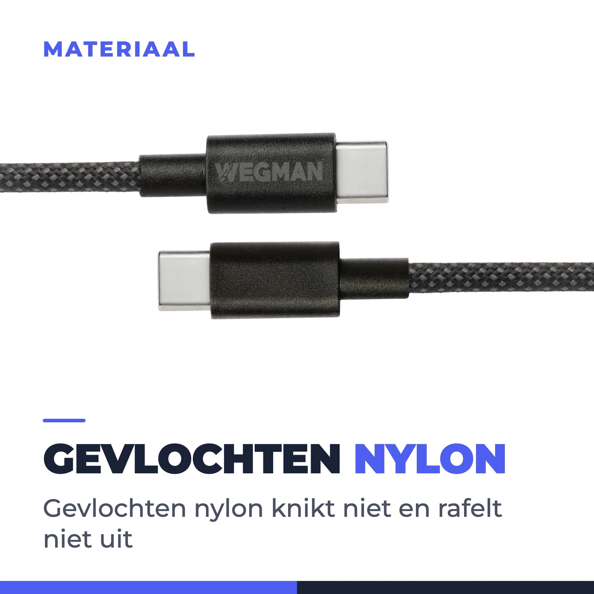 Close-up van de gevlochten nylon mantel en de versterkte connector met trekontlasting