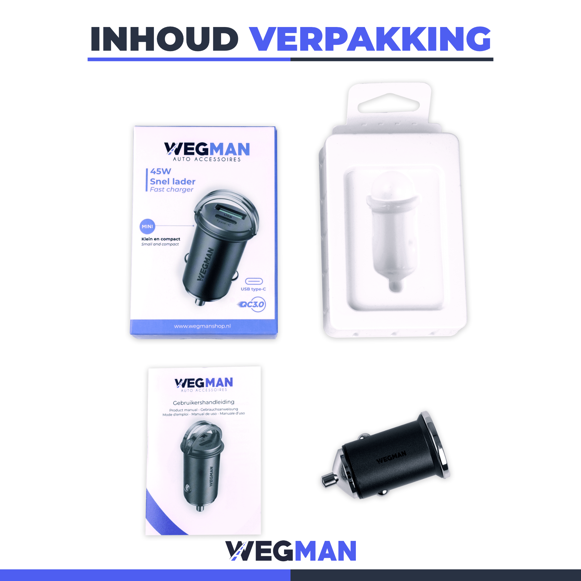 Verpakking van Wegman autolader met specificaties en handleiding