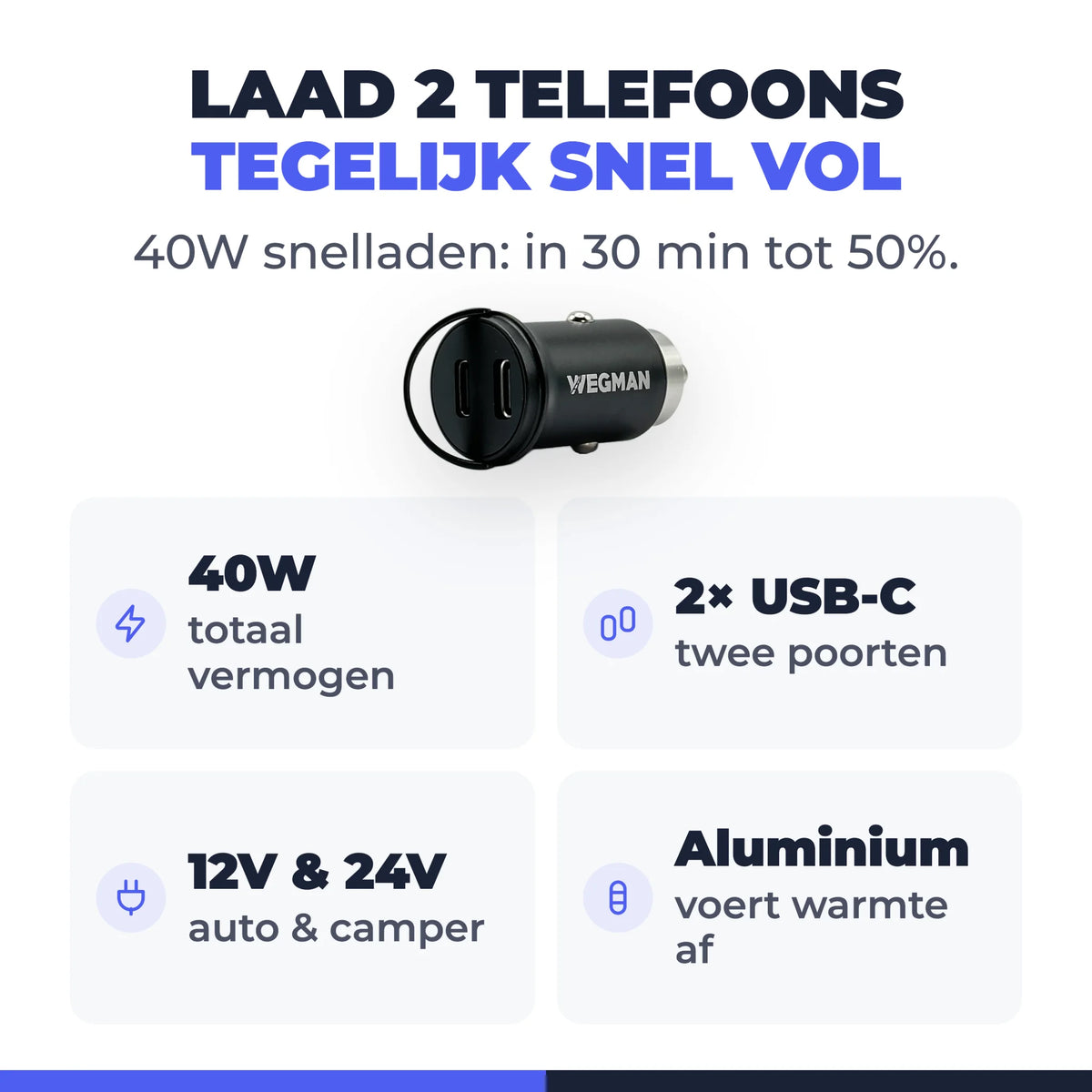 Wegman Autolader 40W Dual USB-C - Snellader